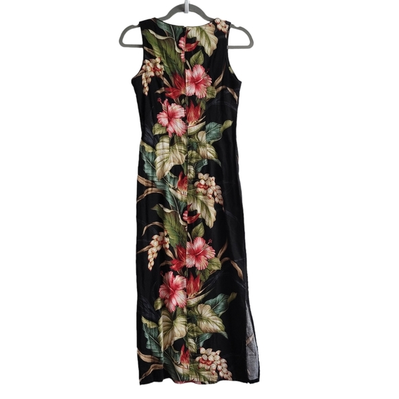 VTG Iolani XS Black Floral Maxi Dress Hawaiian Tropical Sleeveless - Picture 2 of 9
